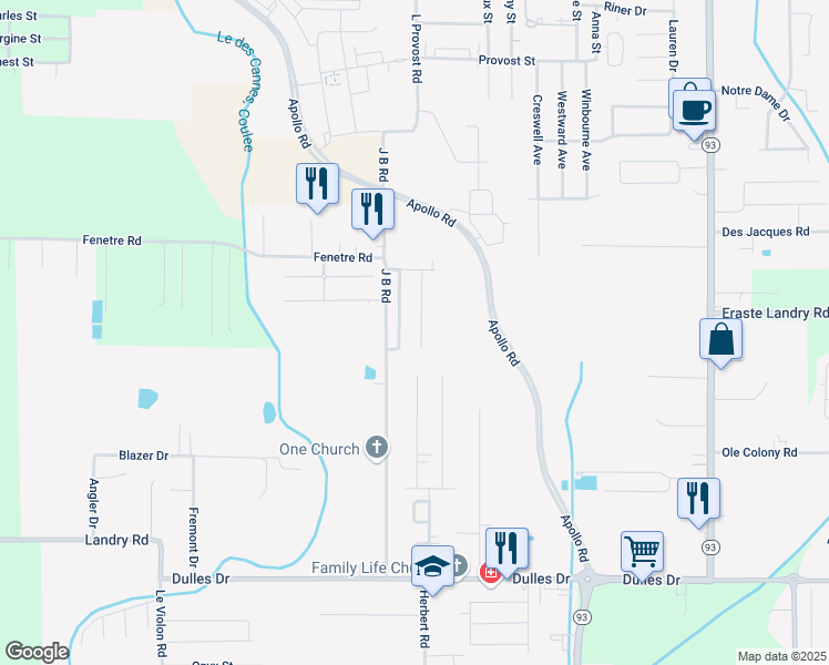 map of restaurants, bars, coffee shops, grocery stores, and more near 136 Earline Drive in Lafayette