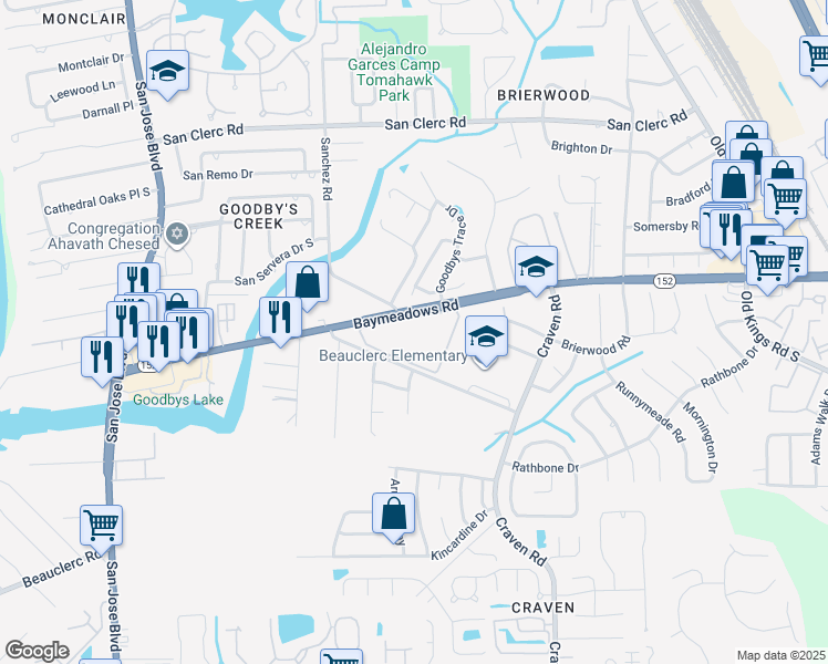 map of restaurants, bars, coffee shops, grocery stores, and more near 16 4500-5 Baymeadows Ap in Jacksonville