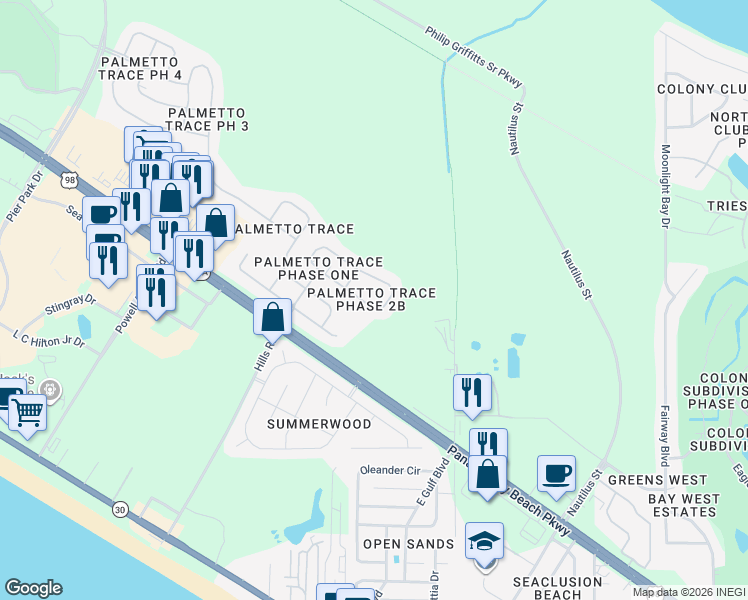 map of restaurants, bars, coffee shops, grocery stores, and more near 46 Park Place in Panama City Beach