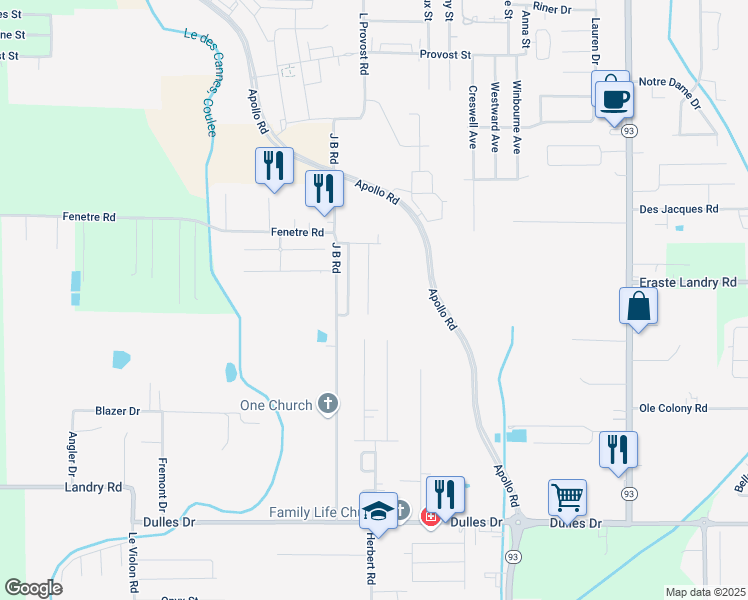 map of restaurants, bars, coffee shops, grocery stores, and more near 136 Earline Drive in Lafayette