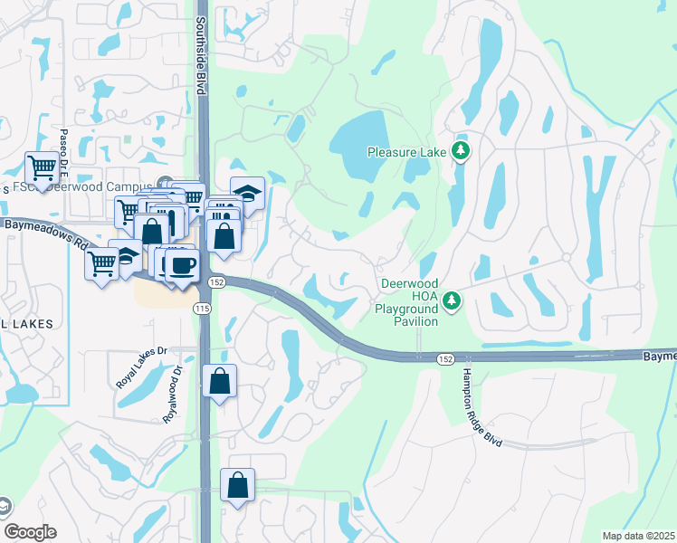map of restaurants, bars, coffee shops, grocery stores, and more near 10101 Courtyards Place West in Jacksonville