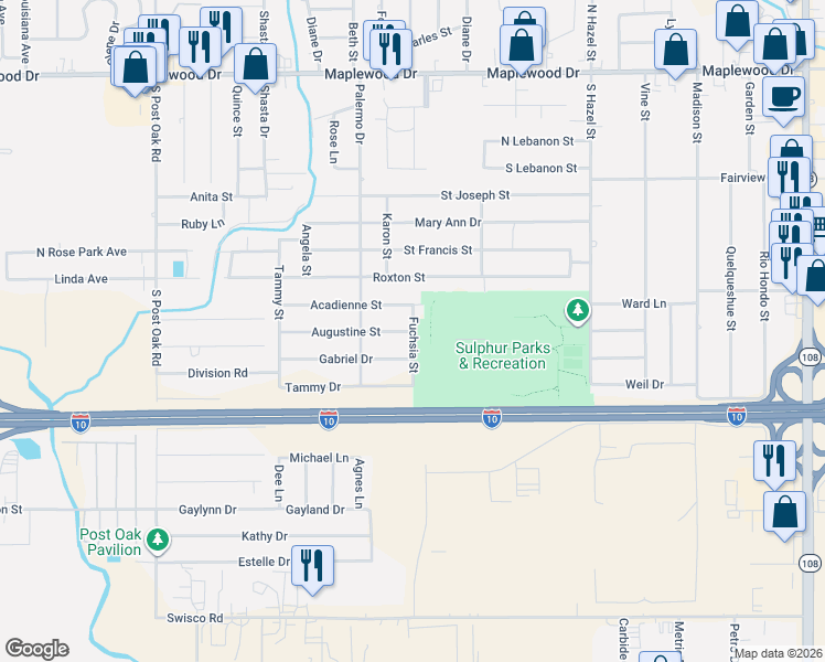 map of restaurants, bars, coffee shops, grocery stores, and more near 2299 Fuchsia St in Sulphur