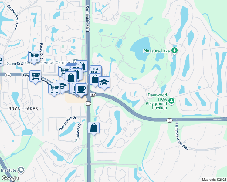 map of restaurants, bars, coffee shops, grocery stores, and more near 8258 Shadetree Court in Jacksonville