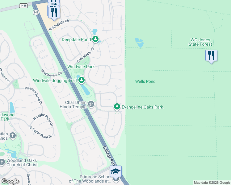 map of restaurants, bars, coffee shops, grocery stores, and more near 86 Marlberry Branch Drive in Conroe