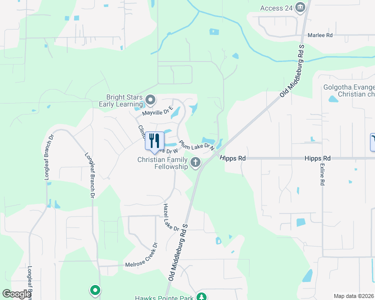 map of restaurants, bars, coffee shops, grocery stores, and more near 6972 Plum Lake Drive East in Jacksonville