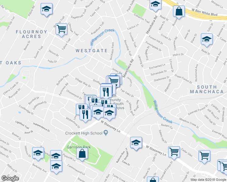 map of restaurants, bars, coffee shops, grocery stores, and more near 5304 Menchaca Road in Austin