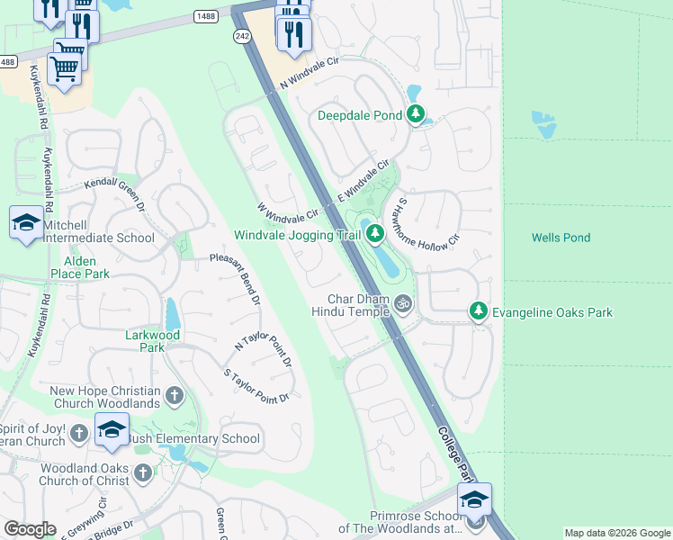 map of restaurants, bars, coffee shops, grocery stores, and more near 6 Hermit Thrush Place in Spring