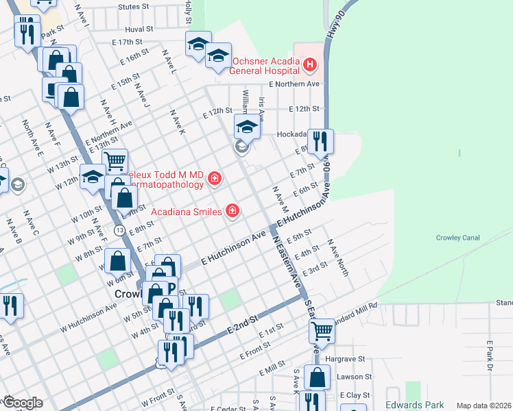 map of restaurants, bars, coffee shops, grocery stores, and more near 605 North Eastern Avenue in Crowley