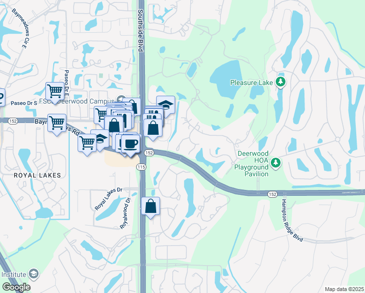 map of restaurants, bars, coffee shops, grocery stores, and more near 8258 Shadetree Court in Jacksonville
