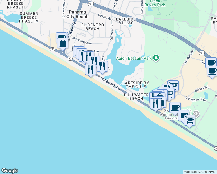 map of restaurants, bars, coffee shops, grocery stores, and more near 213 Front Beach Road in Panama City Beach