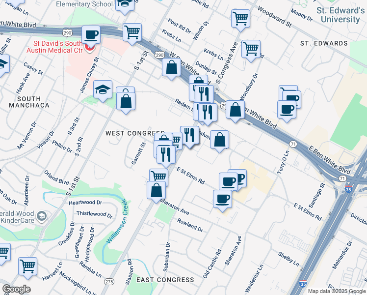 map of restaurants, bars, coffee shops, grocery stores, and more near 4320 Texas 275 Loop in Austin