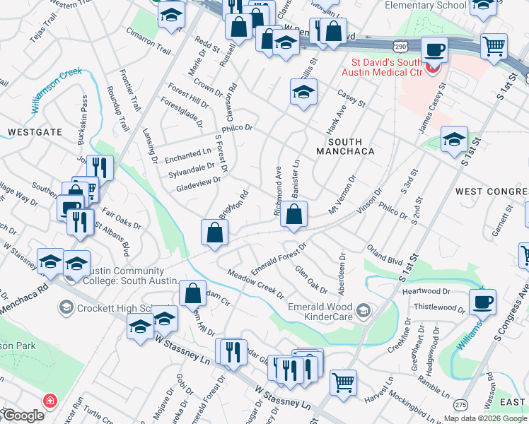 map of restaurants, bars, coffee shops, grocery stores, and more near 4907 Hawk Cove in Austin