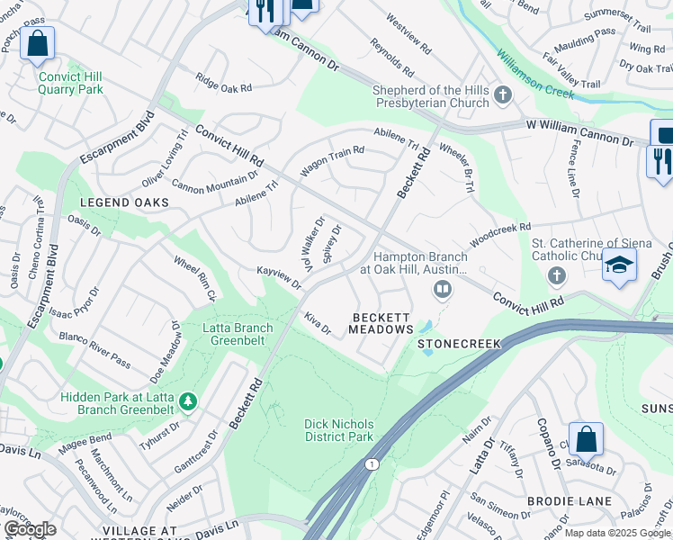 map of restaurants, bars, coffee shops, grocery stores, and more near 7714 Beckett Road in Austin