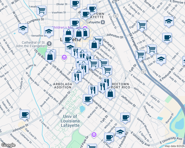 map of restaurants, bars, coffee shops, grocery stores, and more near 802 Gordon Street in Lafayette