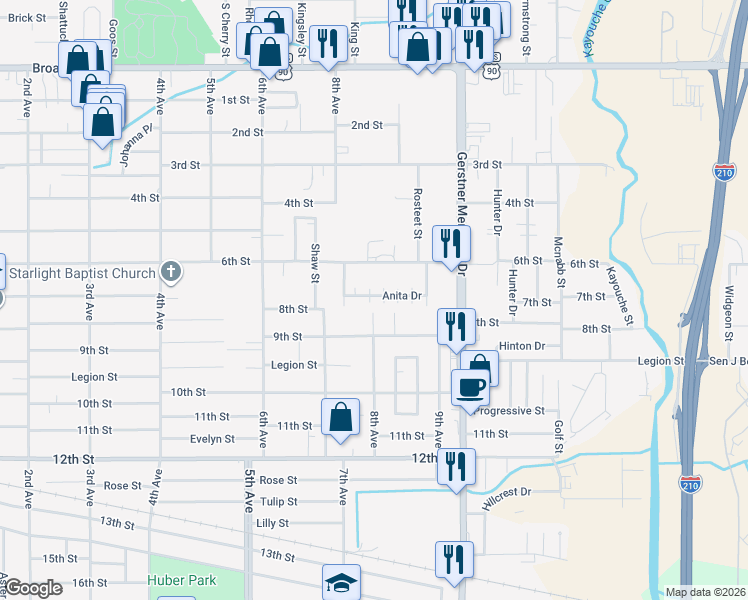 map of restaurants, bars, coffee shops, grocery stores, and more near 2414 Anita Drive in Lake Charles