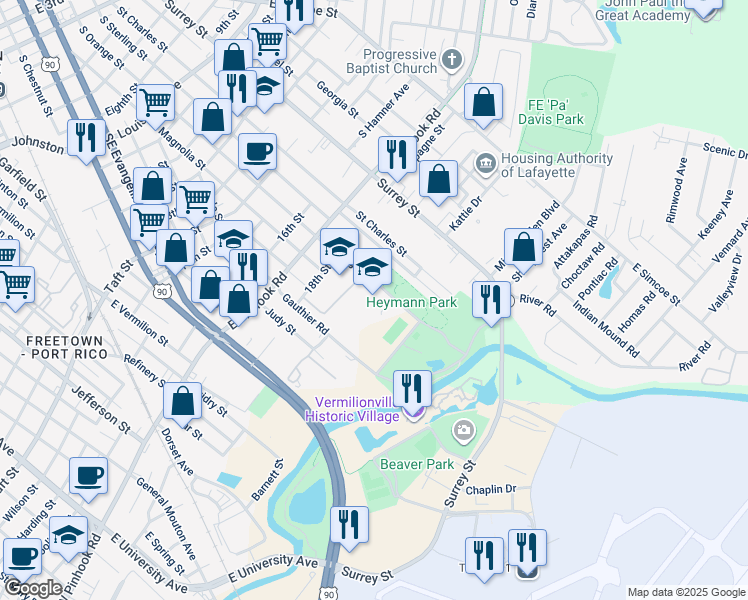 map of restaurants, bars, coffee shops, grocery stores, and more near 1400 South Orange Street in Lafayette