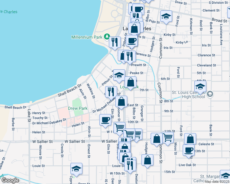 map of restaurants, bars, coffee shops, grocery stores, and more near 106 Dr.Michael Debakey Dr in Lake Charles