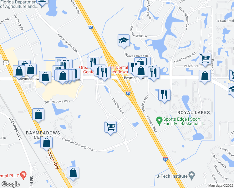 map of restaurants, bars, coffee shops, grocery stores, and more near 8285 Dix Ellis Trail in Jacksonville
