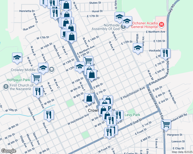 map of restaurants, bars, coffee shops, grocery stores, and more near 207 East 9th Street in Crowley