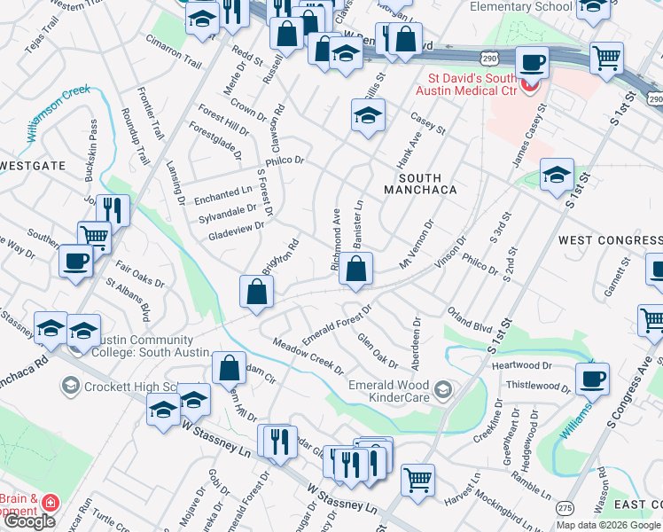 map of restaurants, bars, coffee shops, grocery stores, and more near in Austin