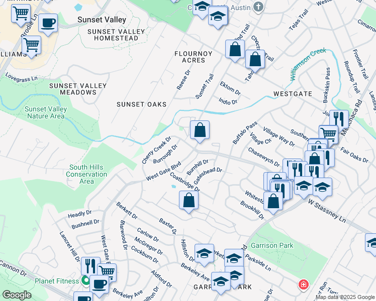 map of restaurants, bars, coffee shops, grocery stores, and more near 5700 West Gate Boulevard in Austin