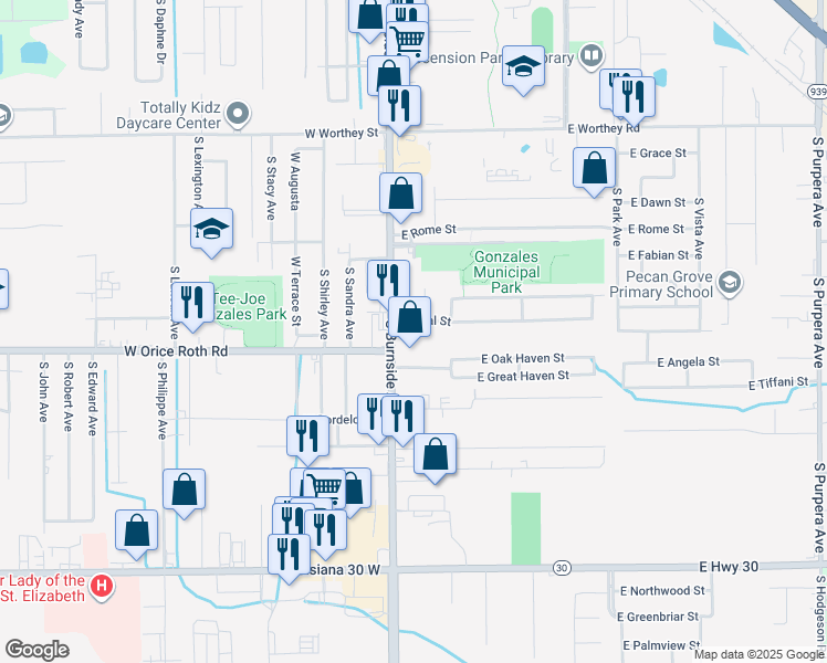 map of restaurants, bars, coffee shops, grocery stores, and more near 203 East Neal Street in Gonzales