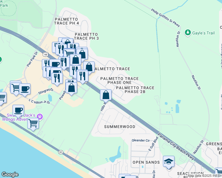 map of restaurants, bars, coffee shops, grocery stores, and more near 200 Biltmore Place in Panama City Beach