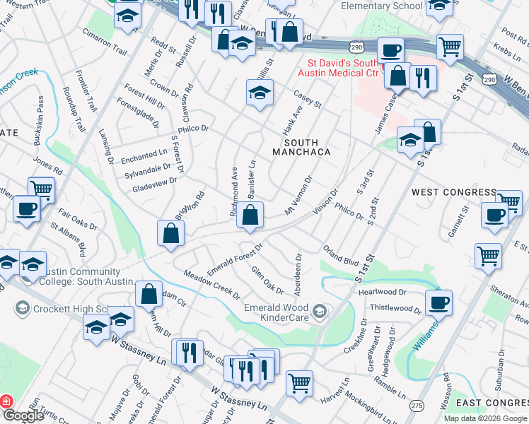 map of restaurants, bars, coffee shops, grocery stores, and more near 1202 Green Forest Dr in Austin