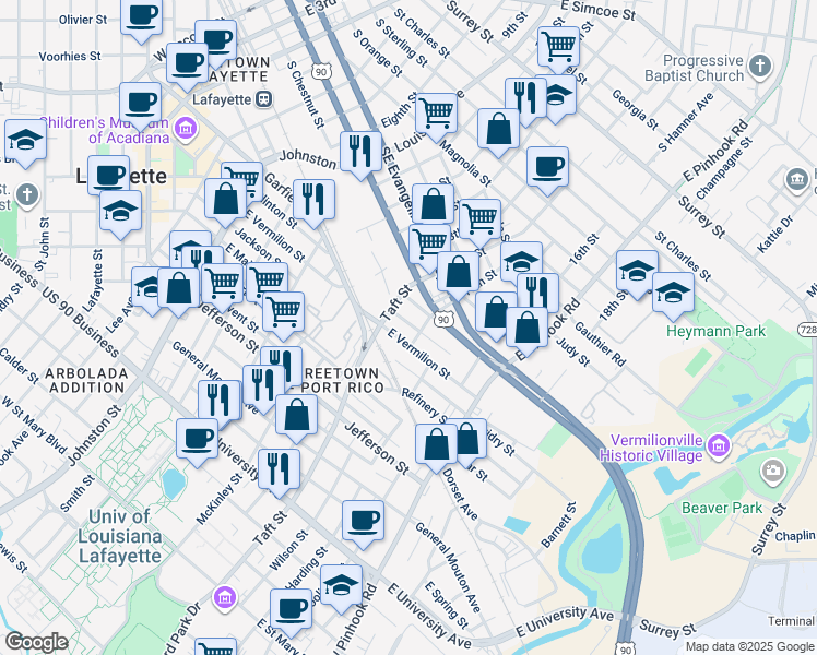 map of restaurants, bars, coffee shops, grocery stores, and more near 120 East Clinton Street in Lafayette