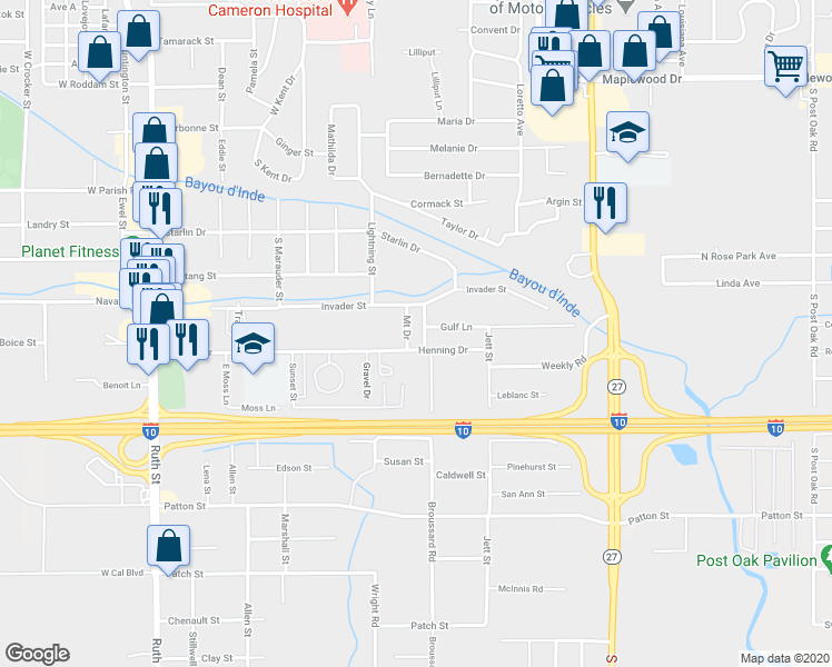 map of restaurants, bars, coffee shops, grocery stores, and more near 1111 Henning Drive in Sulphur