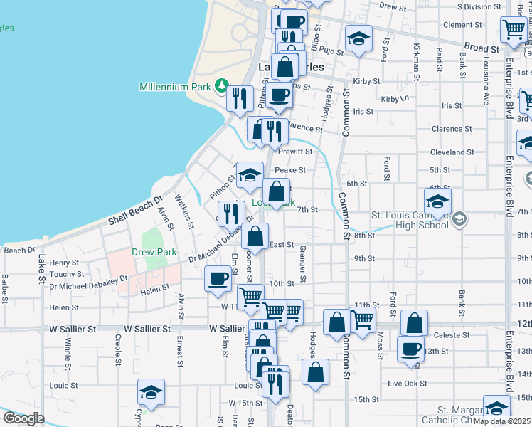 map of restaurants, bars, coffee shops, grocery stores, and more near 1607 Ryan Street in Lake Charles