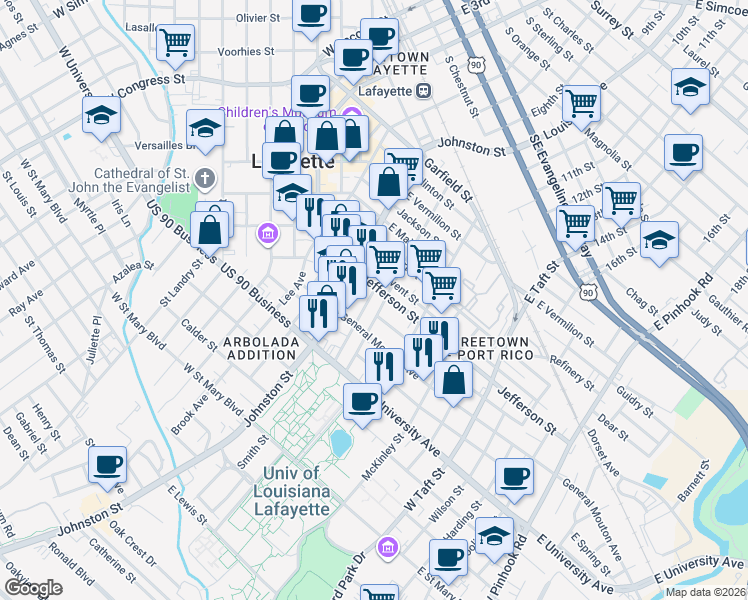 map of restaurants, bars, coffee shops, grocery stores, and more near 109 General Gardner Avenue in Lafayette