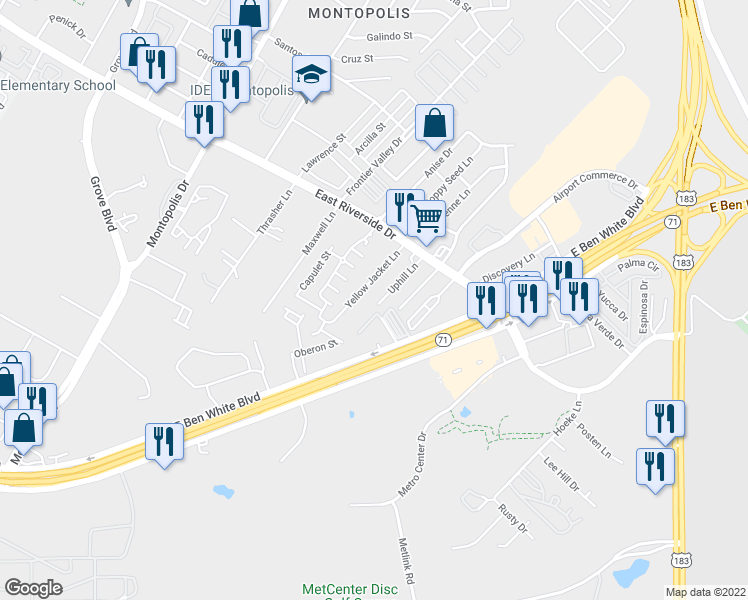 map of restaurants, bars, coffee shops, grocery stores, and more near 2114 Uphill Lane in Austin