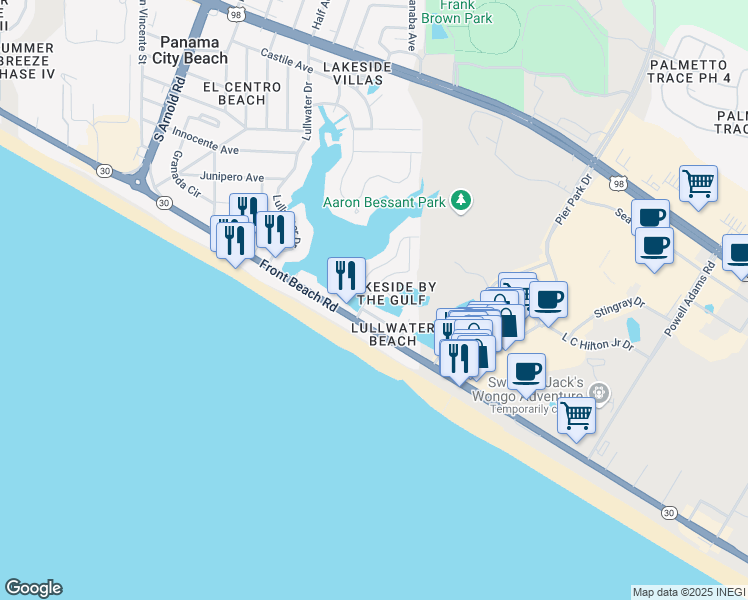 map of restaurants, bars, coffee shops, grocery stores, and more near 100 Lakeview Circle in Panama City Beach