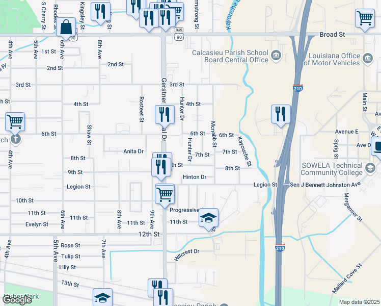 map of restaurants, bars, coffee shops, grocery stores, and more near 1514 Hunter Dr in Lake Charles