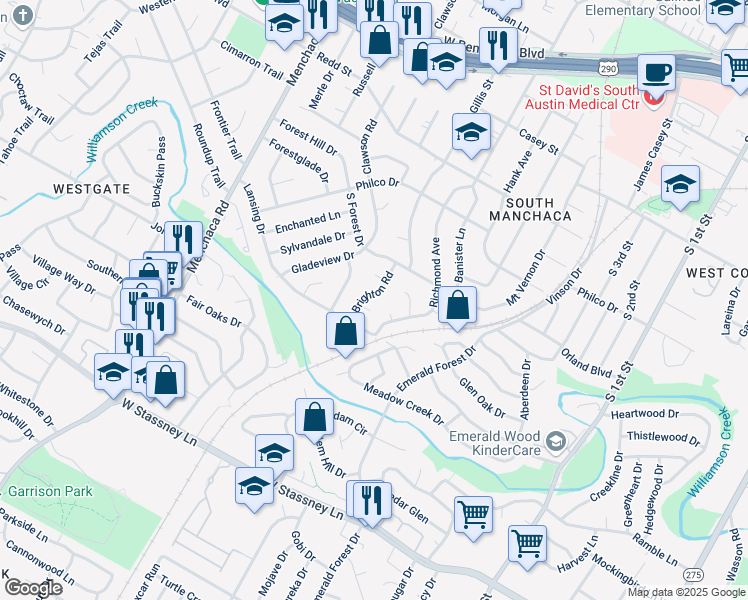 map of restaurants, bars, coffee shops, grocery stores, and more near 4909 Brighton Road in Austin