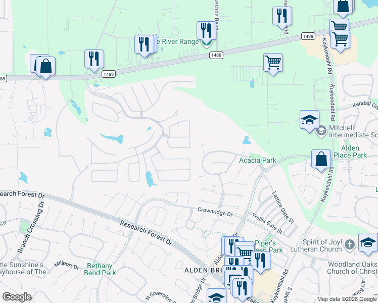 map of restaurants, bars, coffee shops, grocery stores, and more near 5 Merryvale Drive in Spring