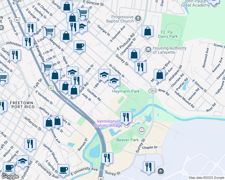 map of restaurants, bars, coffee shops, grocery stores, and more near 1400 South Orange Street in Lafayette