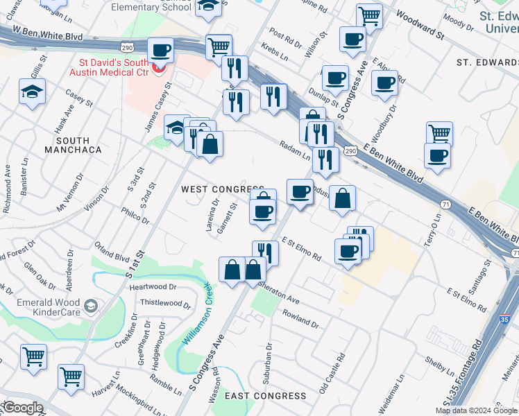 map of restaurants, bars, coffee shops, grocery stores, and more near 144 1/2 West Saint Elmo Road in Austin