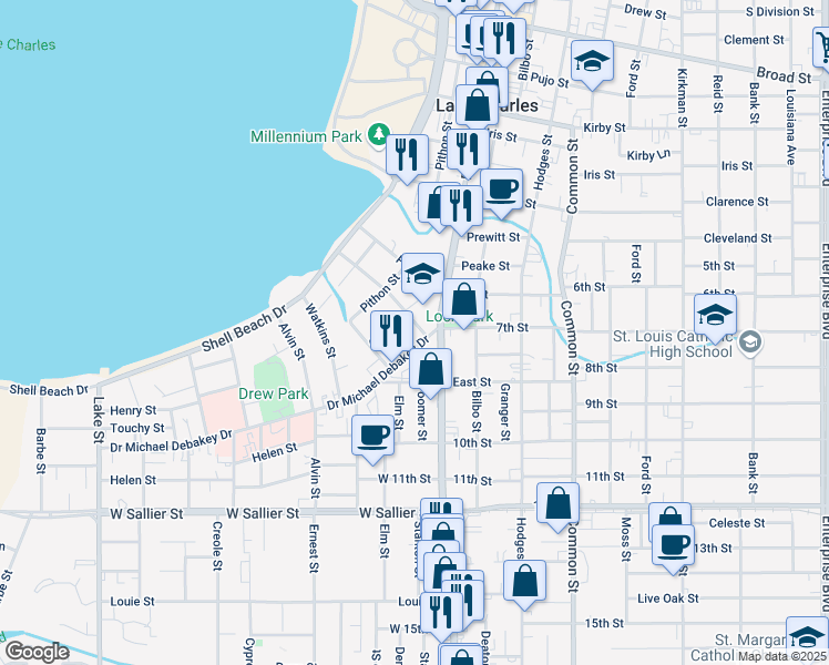 map of restaurants, bars, coffee shops, grocery stores, and more near 106 Dr.Michael Debakey Dr in Lake Charles