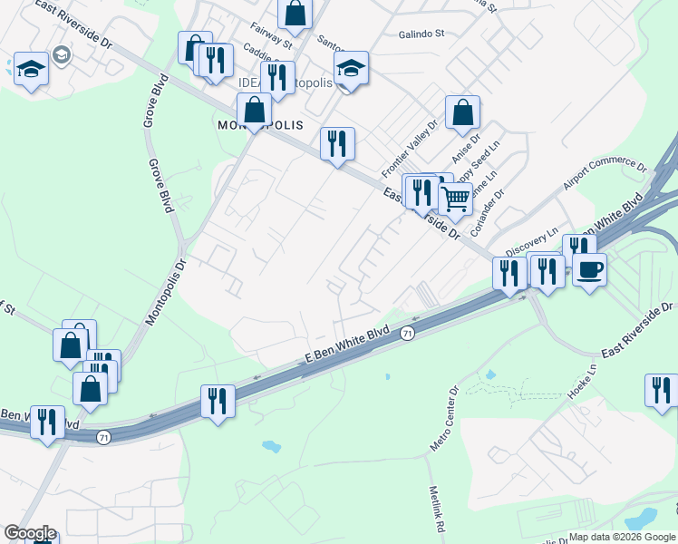 map of restaurants, bars, coffee shops, grocery stores, and more near 7105 Mowbray Street in Austin