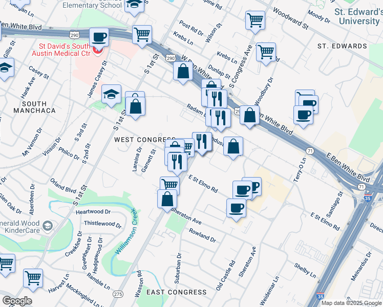 map of restaurants, bars, coffee shops, grocery stores, and more near 4320 Texas 275 Loop in Austin
