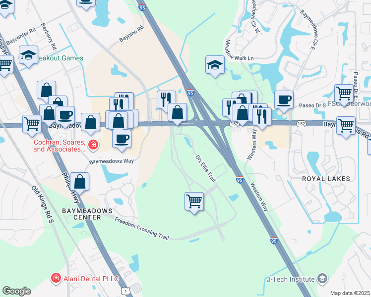 map of restaurants, bars, coffee shops, grocery stores, and more near 8255 Dix Ellis Trail in Jacksonville