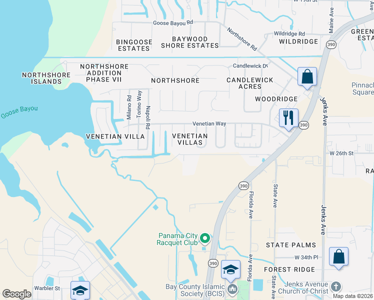 map of restaurants, bars, coffee shops, grocery stores, and more near 3900 Ereno Ct in Panama City