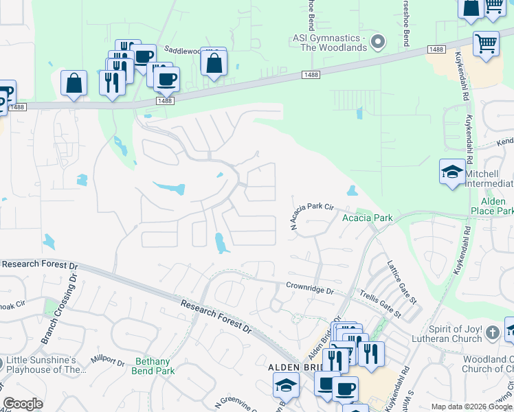 map of restaurants, bars, coffee shops, grocery stores, and more near 229 Friesian Lane in Spring