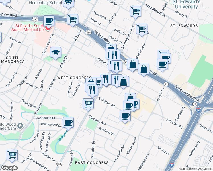 map of restaurants, bars, coffee shops, grocery stores, and more near 4315 South Congress Avenue in Austin