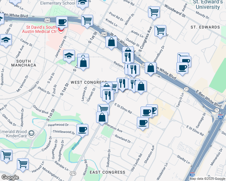 map of restaurants, bars, coffee shops, grocery stores, and more near 4320 Texas 275 Loop in Austin