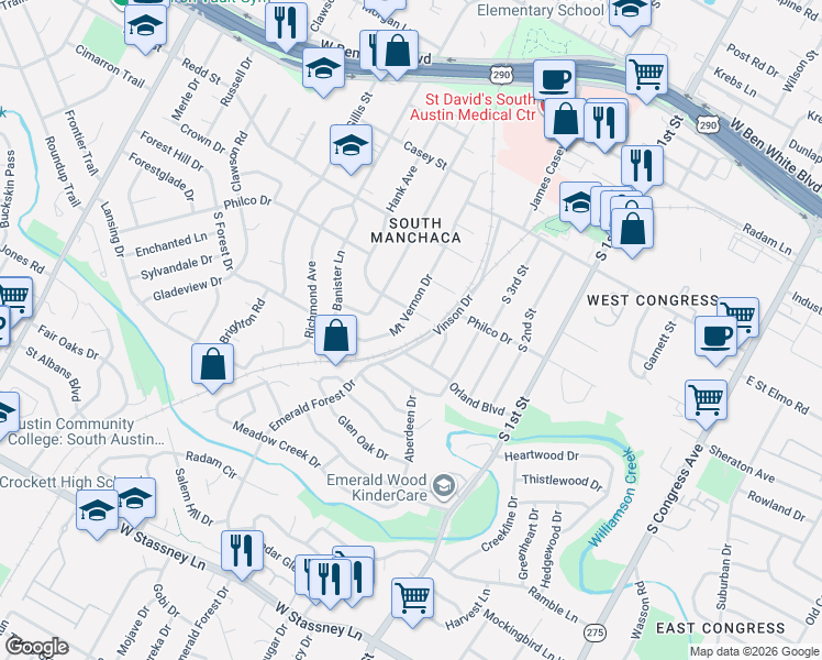 map of restaurants, bars, coffee shops, grocery stores, and more near 4705 Mount Vernon Drive in Austin