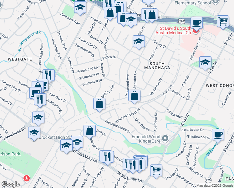 map of restaurants, bars, coffee shops, grocery stores, and more near 4907 Hawk Cove in Austin