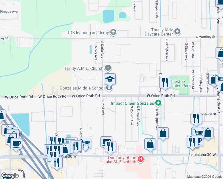 map of restaurants, bars, coffee shops, grocery stores, and more near 1502 West Orice Roth Road in Gonzales